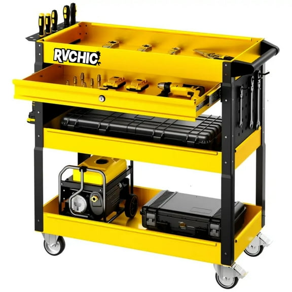 Rvchic 3 Tier Rolling Tool Cart with Drawers & Pegboard,400 LBS Capacity Mechanic Tool Utility Carts on Wheels for Garage, Warehouse and Repair Shop