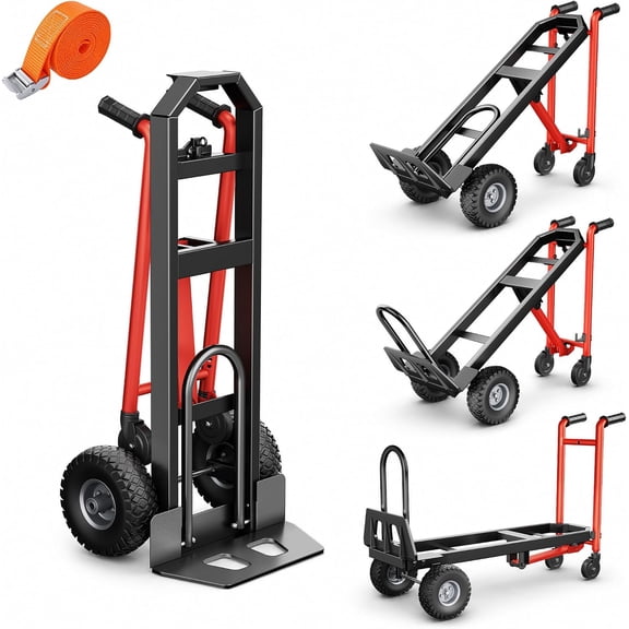 Rvchic 3 in 1 Foldable Heavy Duty Hand Truck with 4 Rubber Wheels,Industrial Convertible Dolly Cart for Moving,Travel,Office Use,1000lbs,Black&Red