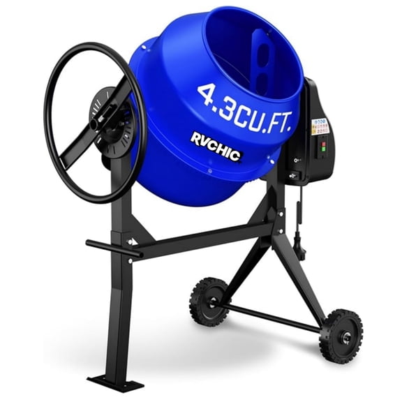 Rvchic 4.3 Cu.Ft Heavy Duty Cement Mixer, Portable Power Electric Concrete Mixer with Wheels and Stand, for Mortar, Stucco and Fodder,3/5Hp，Blue