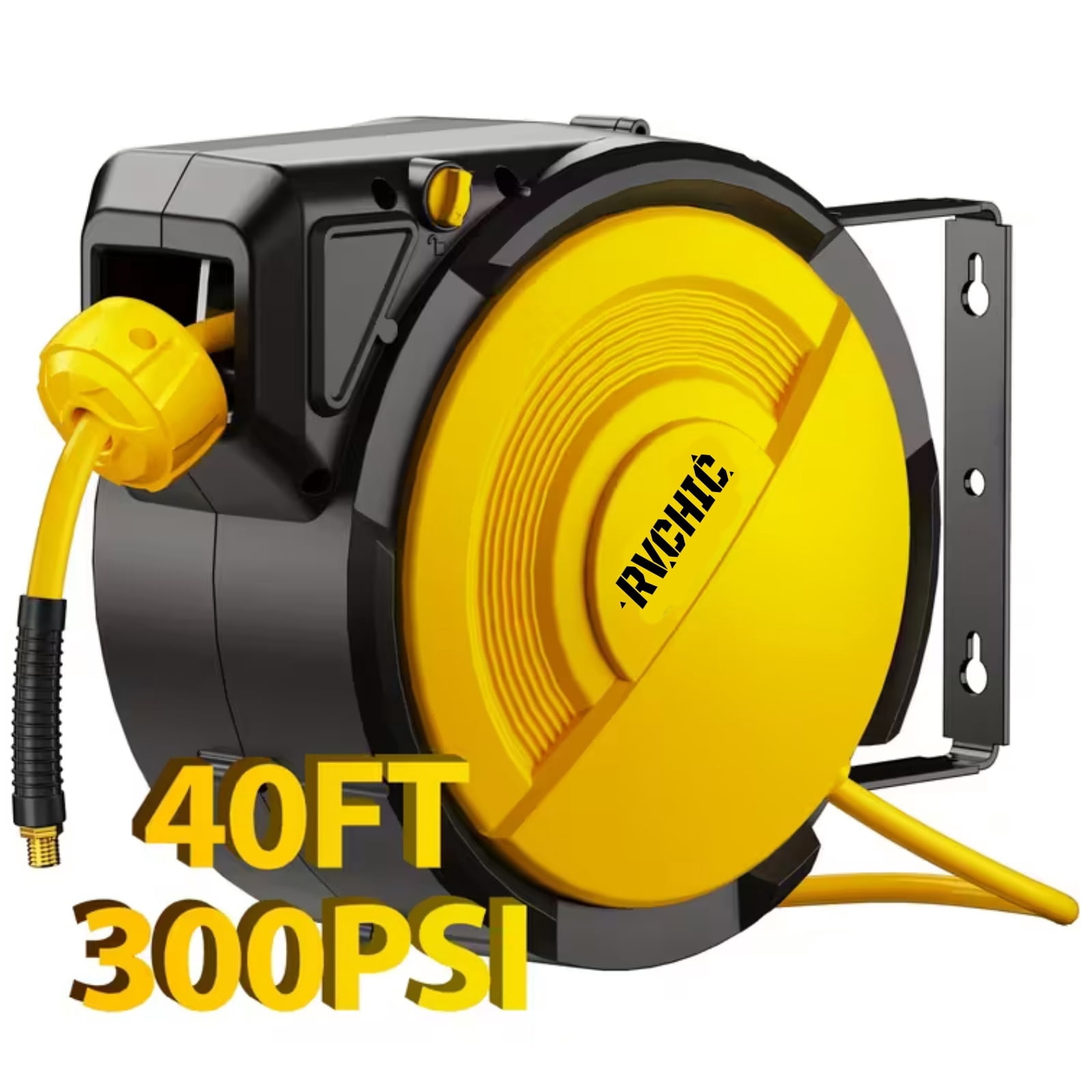 Rvchic 5/16"x40 ft Retractable Air Hose Reel with 180°Swivel & Lock,300 PSI Pneumatic Hose Reel with 6.5ft Lead-in,Any Length Lock,for Automotive Maintenance,Yellow