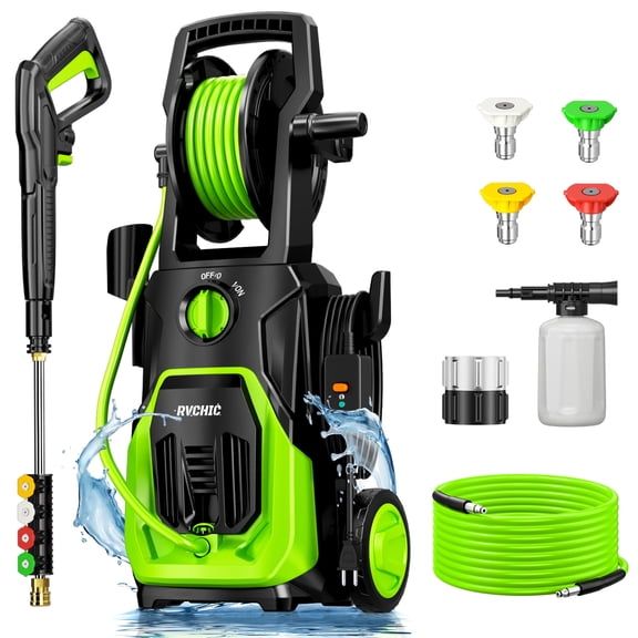 4200 PSI Electric Pressure Washer with Hose Reel,4  Nozzles,for Clean Patios,Cars,Fences,Driveways,Green