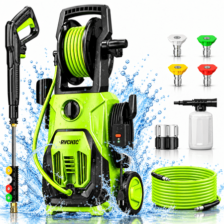 4200 Psi  Electric Pressure Washer with Built-in Hose Reel & 4 Quick-Connect Nozzles, Ideal for Cleaning Cars, Patios, Driveways & Fences,Green