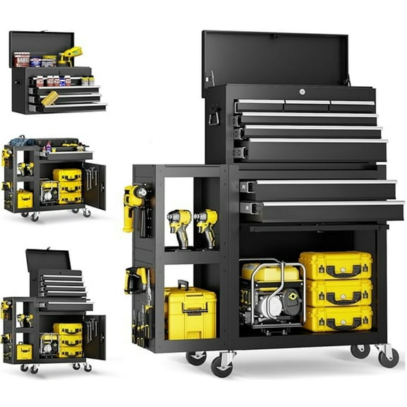 Rvchic 8-Drawer Rolling Tool Chest with Locking System & 3 Large Lockable Cabinets for Garage Workshop ,Includes Protective Mat & Side Cabinet