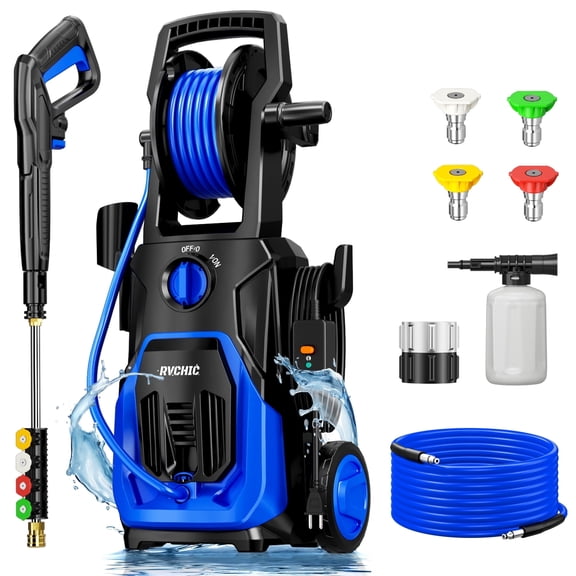 4200 Psi Electric Pressure Washer with Built-In Hose Reel & 4 Quick-Connect Nozzles, Ideal for Cleaning Cars, Patios, Driveways & Fences,Blue