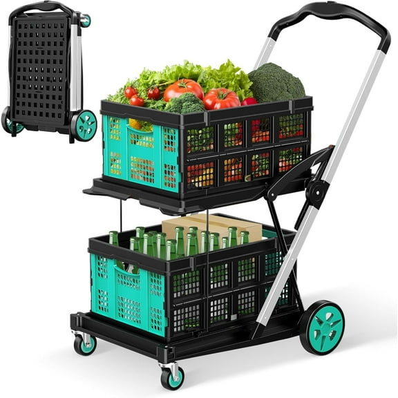 Rvchic Functional Collapsible Carts with 2 Storage Crates,8-in-1 Mobile Folding Trolley with 360°Rolling Wheels for Shopping,Picnic,Warehouse,Blue