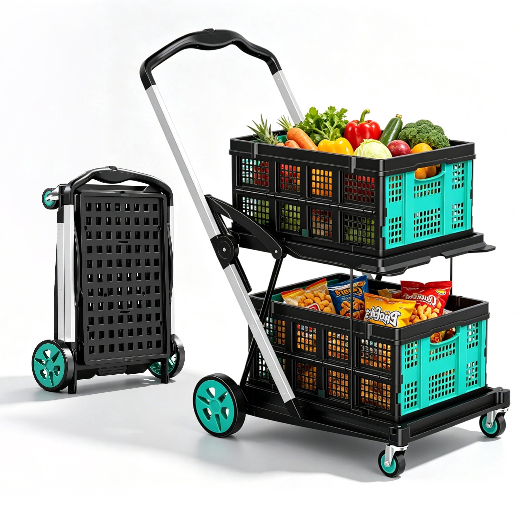 Rvchic Functional Collapsible Carts with 2 Storage Crates,8-in-1 Mobile Folding Trolley with 360°Rolling Wheels for Shopping,Picnic,Warehouse,Blue