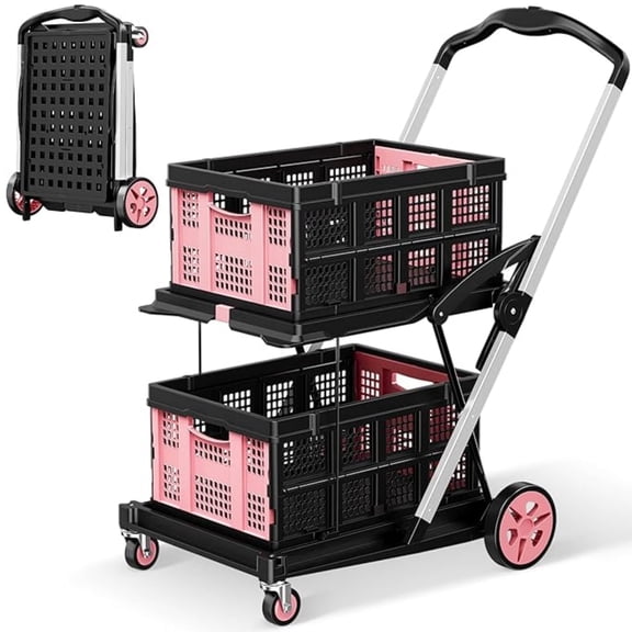 Rvchic Functional Collapsible Carts with 2 Storage Crates,8-in-1 Mobile Folding Trolley with 360°Rolling Wheels for Shopping,Picnic,Warehouse,Pink