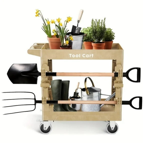 Rvchic Plastic Service Utility Cart,600 lb Capacity,Heavy Duty 2 Tier Flat Top Rolling Tool Cart,for Warehouse ,Garage,Garden,Cleaning,Brown