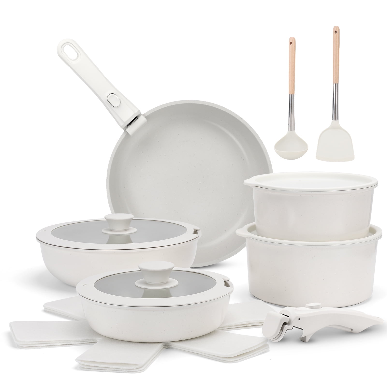 17 Piece Ceramic Pots and Pans Set Non Stick, Cookware Set with Detachable Handle, Oven Safe, Induction Ready, Stackable RV Kitchen Cooking Set Removable Handles, Cream White