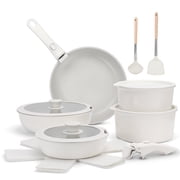 17 Piece Ceramic Pots and Pans Set Non Stick, Cookware Set with Detachable Handle, Oven Safe, Induction Ready, Stackable RV Kitchen Cooking Set Removable Handles, Cream White