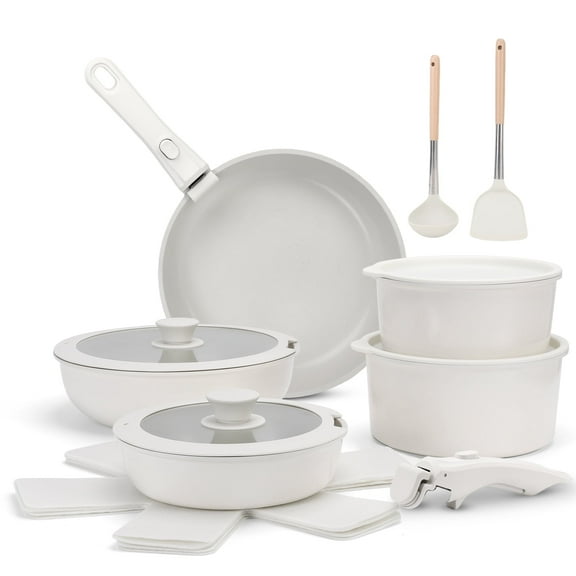 17 Piece Ceramic Pots and Pans Set Non Stick, Cookware Set with Detachable Handle, Oven Safe, Induction Ready, Stackable RV Kitchen Cooking Set Removable Handles, Cream White