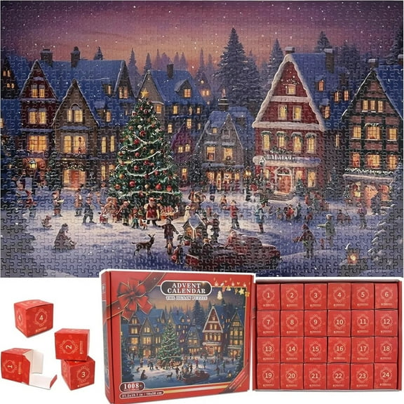 Rvkxad 24 Days Christmas Countdown Puzzle Advent Calendar 2025, 1008 Piece Santa Workshop Puzzle Set, Daily Countdown Activity for Family Adults Kids