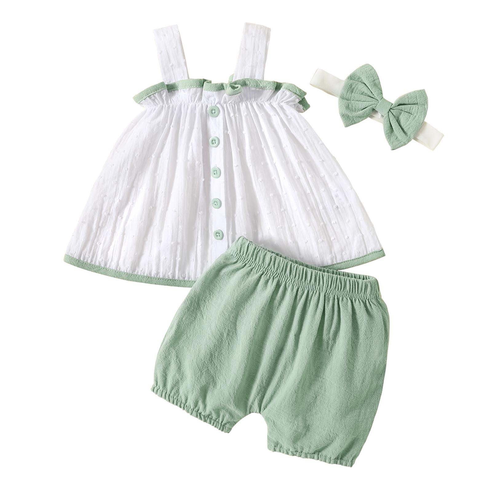 6-9 Months Baby Girl Clothes 3PCS Infant Newborn Girl Clothes Ruffle Tops Buttons Shirts Pants Baby Girls' Clothing Headband Summer Outfits