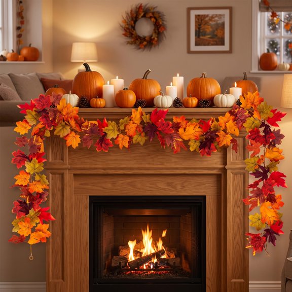 Rvkxad 69 Inch Fall Maple Leaves Garland Decorations, Natural Leaves Colors Clear and Three-Dimensional Thanksgiving Decor for Tree Autumn Mantle Table Bedroom Indoor Outdoor Holiday Orange