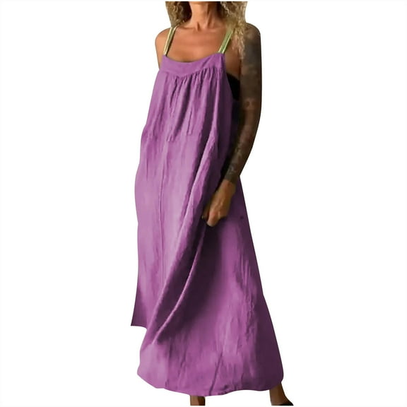 Rvkxad Beach Dresses for Women 2025 Vacation Loose Sleeveless Sundress Spaghetti Strap Beach Long Maxi Dress Party Beach Flowy Boho Linen Dresses Purple L