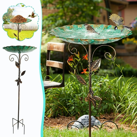 Rvkxad Bird Bath, Large Outdoor Garden Decoration, 77cm Iron Standing Water Bowl for Wild Birds, Rustic Leaf Design Feeder with Adjustable Height Pole, Weatherproof Easy Clean Metal Birdbath