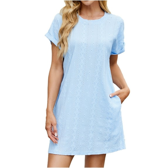 Rvkxad Casual Dresses for Women Under $10 Eyelet Loose Crew Neck Dresses Party Beach Short Sleeve Flowy A-Line Sundresses with Pocket Sky Blue