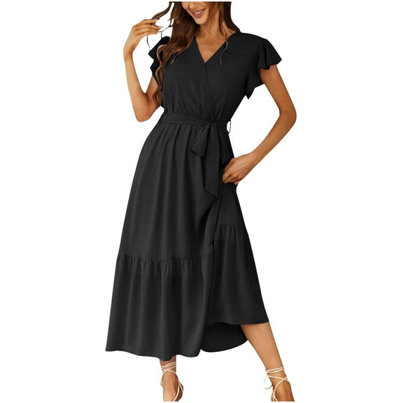 Rvkxad Casual Dresses for Women Under $10 Ruffle Short Sleeve Dress Summer Sundress Wrap V Neck Tie Waist A Line Flowy Tiered Boho Beach Dresses Black L