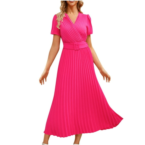 Rvkxad Casual Dresses for Women Under $10 Wrap V Neck Flowy A-Line Loose Short Sleeve Pleated Solid Sundress Summer Casual High Waisted Belted Long Dresses Pink L