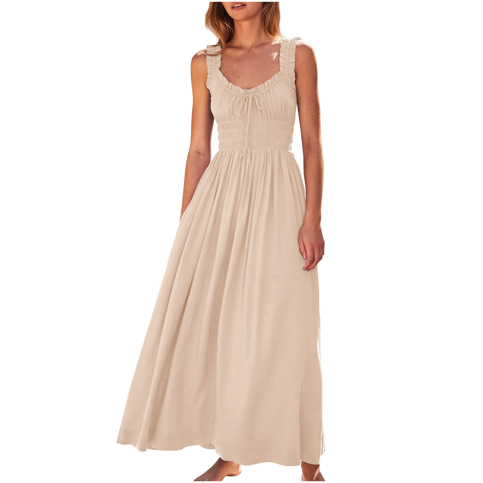 Rvkxad Casual Summer Dresses for Women Under $10 Empire Waist Dresses Tie Front A-Line Dress Sleeveless Maxi Casual Spring Smocked V Neck Flowy Boho 