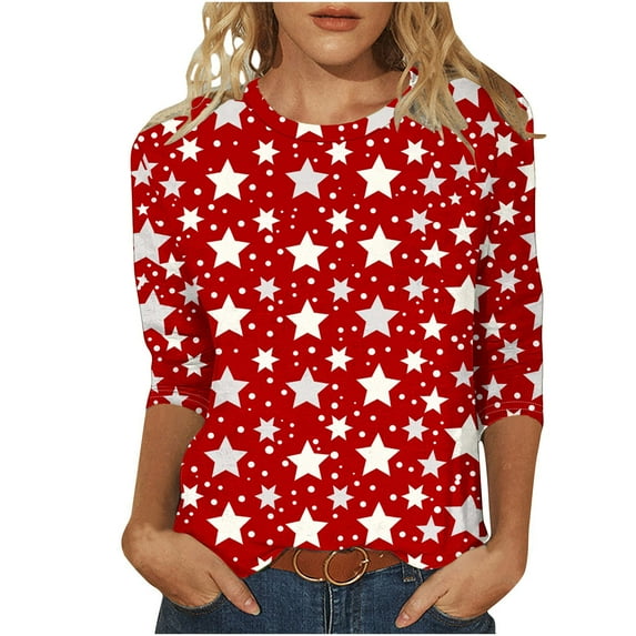 Rvkxad Christmas Blouses for Women 3/4 Sleeve Christmas Printed Tunic Tops Dressy Casual Holiday Round Neck Pullover Cute Fall Fashion Blouses Red L