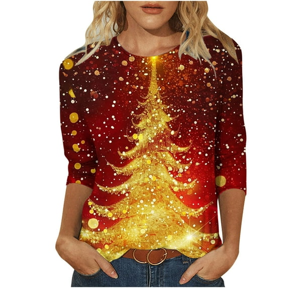 Rvkxad Christmas Tshirt Women 3/4 Length Sleeve Christmas Tree T-Shirts Crew Neck Holiday Dressy Casual Tshirts Loose Fit Plus Size Pullover Red M