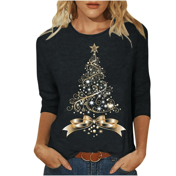 Rvkxad Christmas Tshirt Women's Xmas Tree Printed Tunic 3/4 Sleeve Dressy Casual Basic Tees Pullover Tops Crew Neck Holiday Party Tops Black 2XL