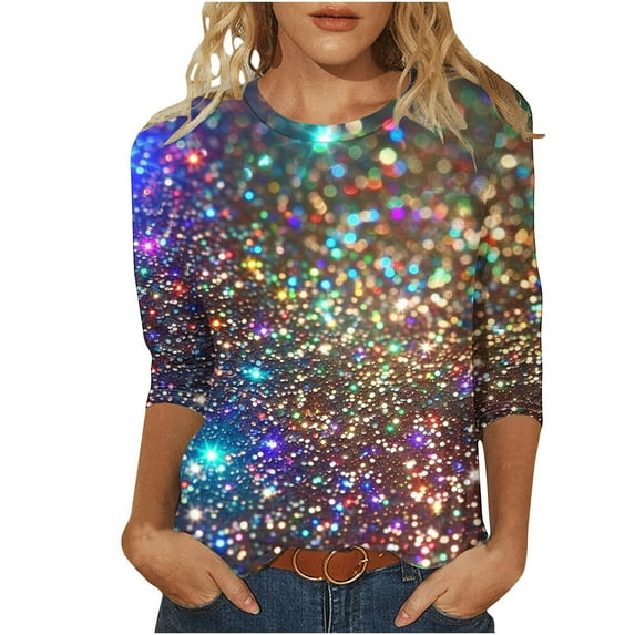 Rvkxad Christmas Tshirts for Women 3/4 Sleeve Xmas Printed Blouses Holiday Dressy Casual T-Shirts Crew Neck Plus Size Party Tops Tunic Tops Yellow S