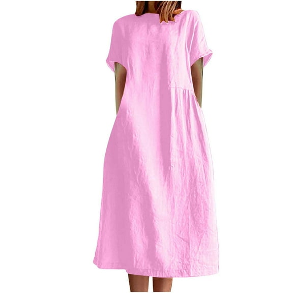 Rvkxad Dresses for Women 2025 Casual Summer Cotton Linen A-Line Round Neck Sundresses Summer Casual Short Sleeve Solid Color Loose Flowy Dresses with Pockets Pink XL