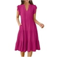 thumbnail image 1 of Rvkxad Summer Dresses for Women 2025 Ruffle Sleeve V Neck Boho Solid Sundress Loose Flowy Tiered Casual Spring Smocked A-Line Midi Dresses Red M, 1 of 5
