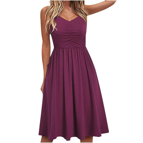 Rvkxad Summer Dresses for Women 2025 Vacation Spaghetti Strap Casual Summer Dress Elegant V Neck Flowy A-Line Midi Pleated Knee Length Sundresses Womens Gifts Wine M