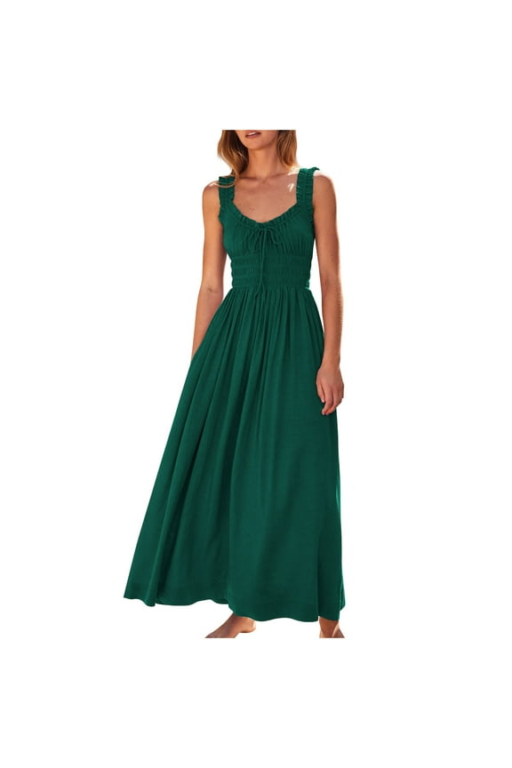Summer Dresses for Women 2025 Vacation Tie Front A-Line Sundress Sleeveless Maxi Smocked V Neck Flowy Boho Long Casual Summer Dresses Empire Waist Dress Green L