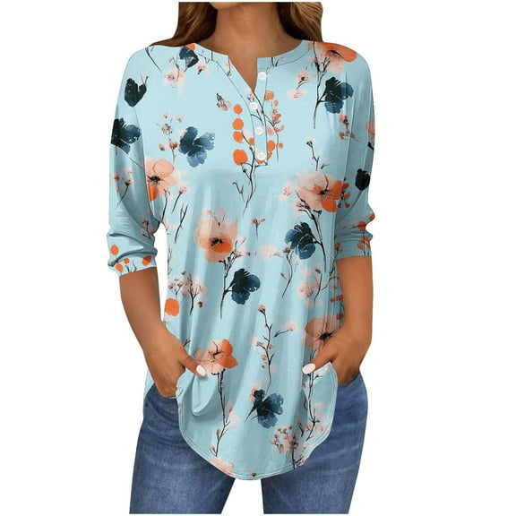 Rvkxad Trendy Tops for Women 2025 3/4 Length Sleeve Button Down Tops Business Work Casual Soft Floral Print Blouses Tunic S