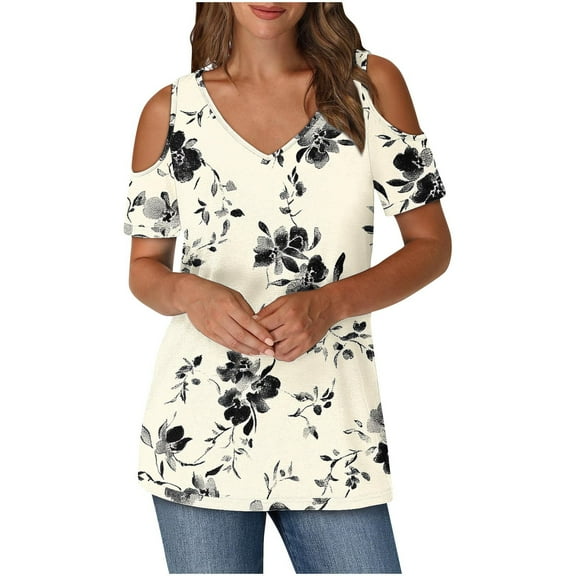 Rvkxad Womens Loose Summer Tops Dressy Casual Short Sleeve Cold Shoulder Shirts V Neck Floral Print Tunic Summer Tops Gifts for Moms Beige XXL