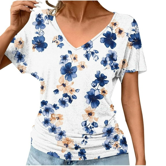 Rvkxad Womens Summer Blouses Dressy Casual Raglan Short Sleeve V Neck Shirts Floral Print Ruched Blouses Casual Basic Business Tees Tops Gifts for Older Women S