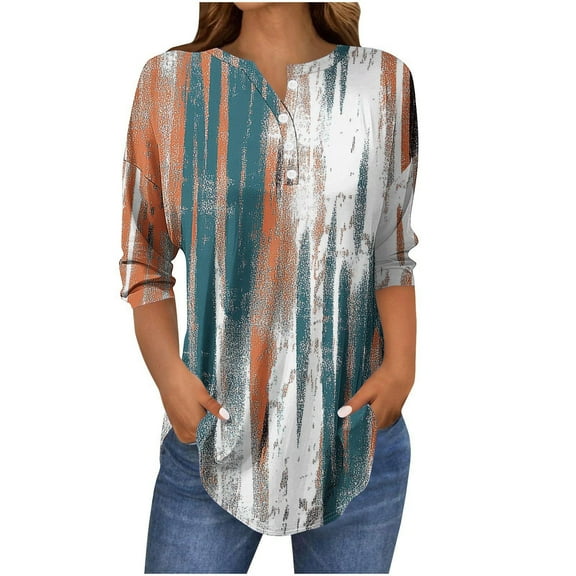 Rvkxad Womens Tops Summer 3/4 Sleeve Button Down Tops Business Work T-Shirt Three Quarter Length Loose Summer Shirts L