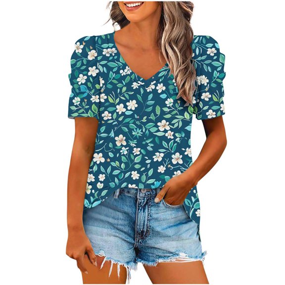 Rvkxad Cute Summer Tops for Women Dressy Casual V Neck Puff Short Sleeve Tops Loose Summer Floral Print T-shirt Smocked Elegant Shirts Tunic Gifts for Women S