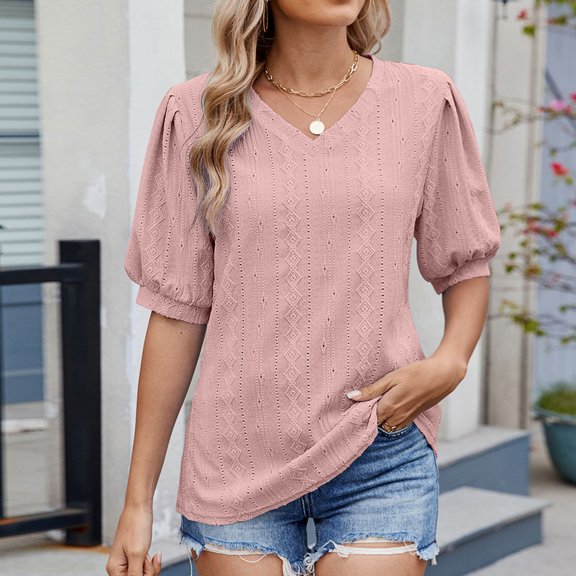 Rvkxad Cute Summer Tops for Women Loose Casual Short Sleeve Eyelet Tees Tops V Neck Casual Basic Solid Blouses Trendy Summer Shirts Birthday Gift for Women Pink XXL
