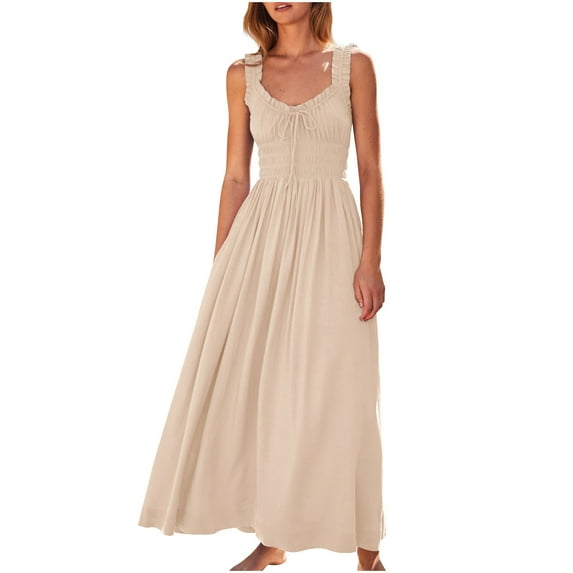 Rvkxad Dresses for Women 2025 Casual Spring Sleeveless Maxi Dresses Tie Front A-Line Empire Waist Casual Summer Smocked V Neck Flowy Boho Long Dress Beige S