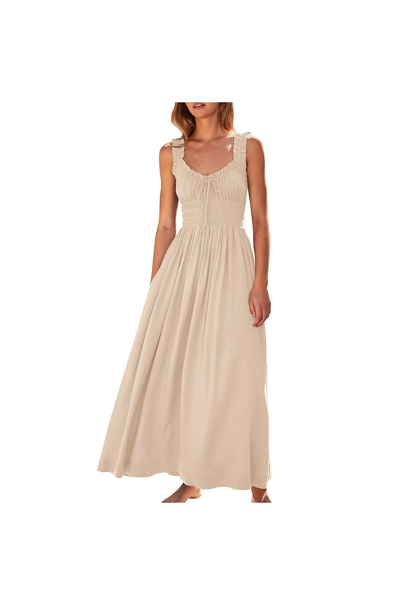 Dresses for Women 2025 Casual Spring Sleeveless Maxi Dresses Tie Front A-Line Empire Waist Casual Summer Smocked V Neck Flowy Boho Long Dress Beige S