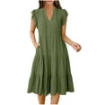 thumbnail image 1 of Rvkxad Dresses for Women 2025 Casual Summer Boho Solid Sundress Ruffle Sleeve V Neck Casual Spring Dresses Smocked A-Line Midi Loose Flowy Tiered Dress Green S, 1 of 5