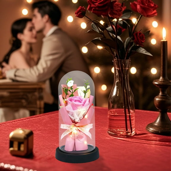 Rvkxad Everlasting Soap Flower Bouquet, Glass Dome Rose Arrangement with LED Lights, Luminous Dried Floral Gift for Valentine's Day Birthday Home Decor