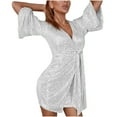 thumbnail image 1 of Rvkxad Holiday Party Dresses for Women 2025 Tie Waist Cocktail Evening Dresses Wrap V Neck Dress Sequin Sparkly Glitter Party Club Short Mini Sundress White S, 1 of 5