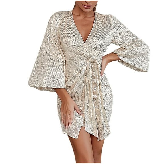 Rvkxad Holiday Party Dresses for Women 2025 Tie Waist Dress Cocktail Evening Sundress Sequin Sparkly Glitter Wrap V Neck Party Club Short Mini Dresses Khaki M