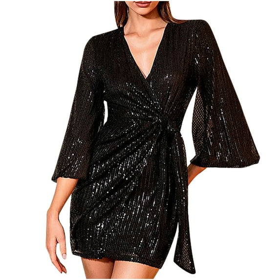 Rvkxad Holiday Party Dresses for Women 2025 Tie Waist Sequin Sparkly Glitter Wrap V Neck Dresses Cocktail Evening Dress Party Club Short Mini Sundress Black L
