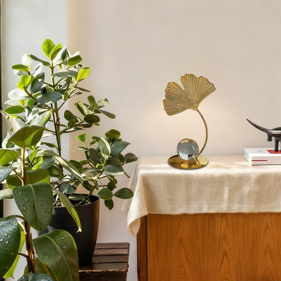 Rvkxad Metal Ginkgo Leaf Sculpture, Crystal Ball Base Desk Decoration, Gold Art Statue for Home Office Bookshelf Decor