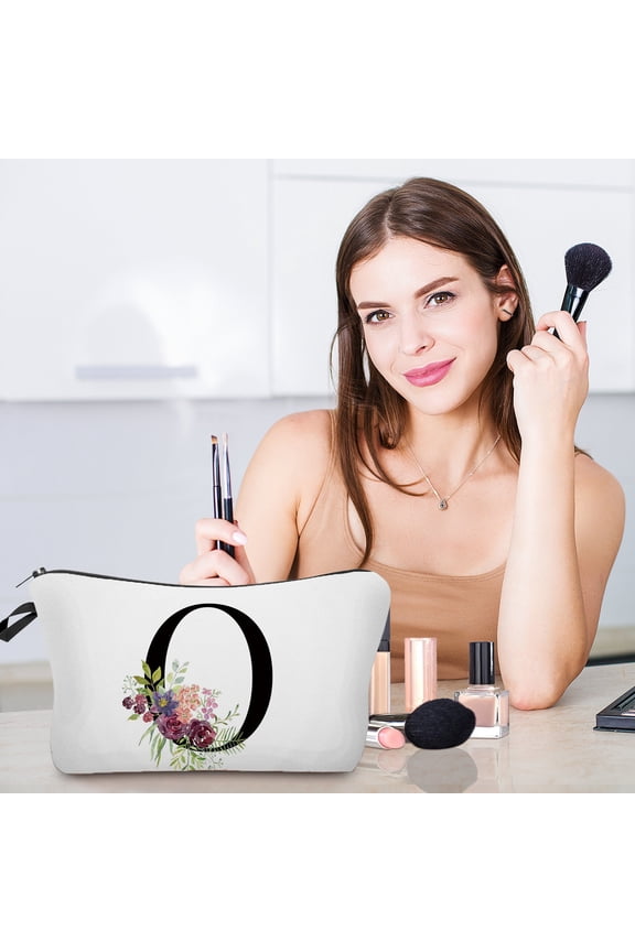Personalized Letter Makeup Bag, Custom Initial Cosmetic Bag Floral Design Watercolor Gift for Women, Monogrammed Travel Toiletry Pouch for Bride Bridesmaid Mom Friend Birthday Christmas