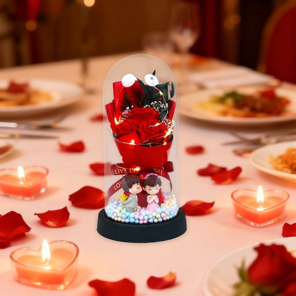 Rvkxad Soap Flower Bouquet, Glass Covered Rose Arrangement with LED Lights, Everlasting Flowers Gift Box for Birthday Valentine's Day, Decorative Centerpiece for Home Desk