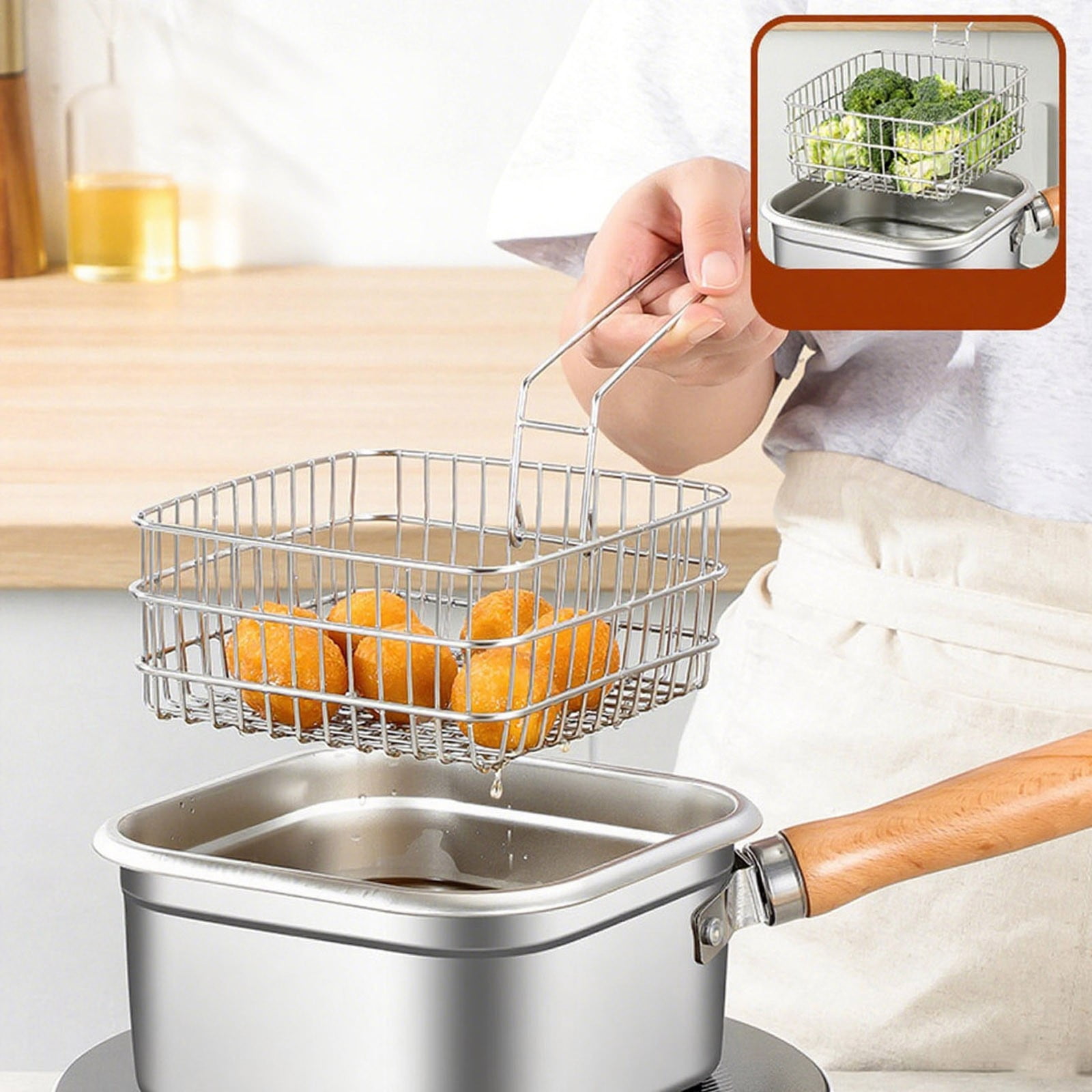 Rvkxad Stainless Steel Deep Fryer, Portable Outdoor Square Pot Multifunctional Kitchen Cookware, Non Stick Quick Heat Efficient Frying Pan for Camping Picnics Home Cooking
