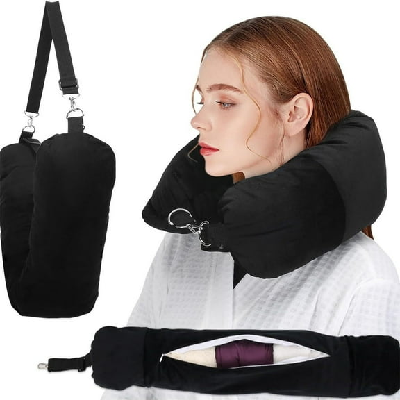 Rvkxad Stuffable Travel Pillow, Self-Filling U-Shaped Neck Pillow for Airplane Car, Packable Travel Pillow with Storage Bag, Portable Fillable Neck Rest for Camping Road Trip Flight